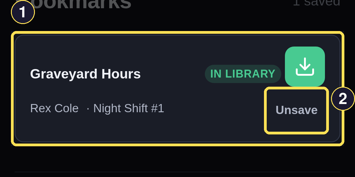 The dark phone Bookmarks page listing the one saved Book with its Unsave control.