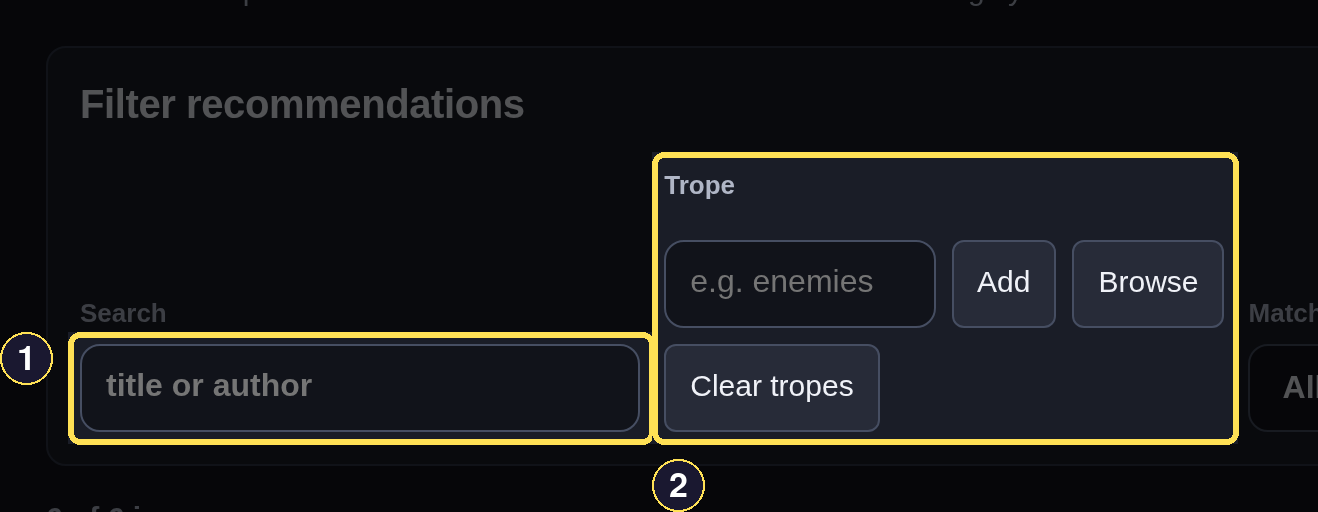 A dark desktop Discover filter row showing Search and the Trope picker, inline above the queue with no sheet to open.