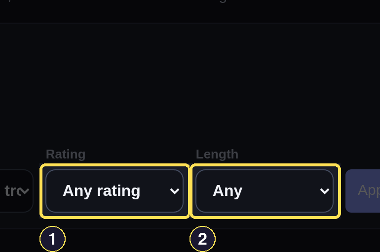 A dark desktop Discover filter row showing Rating and Length selects, inline above the queue.