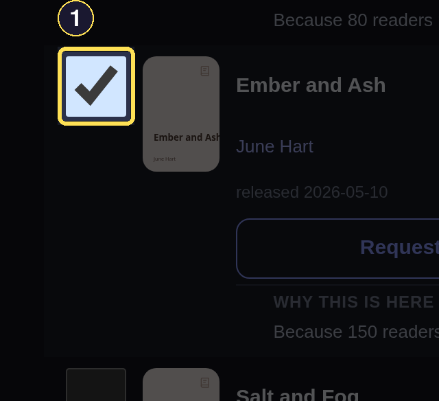 A dark desktop Discover row for Ember and Ash with its dismiss checkbox ticked.