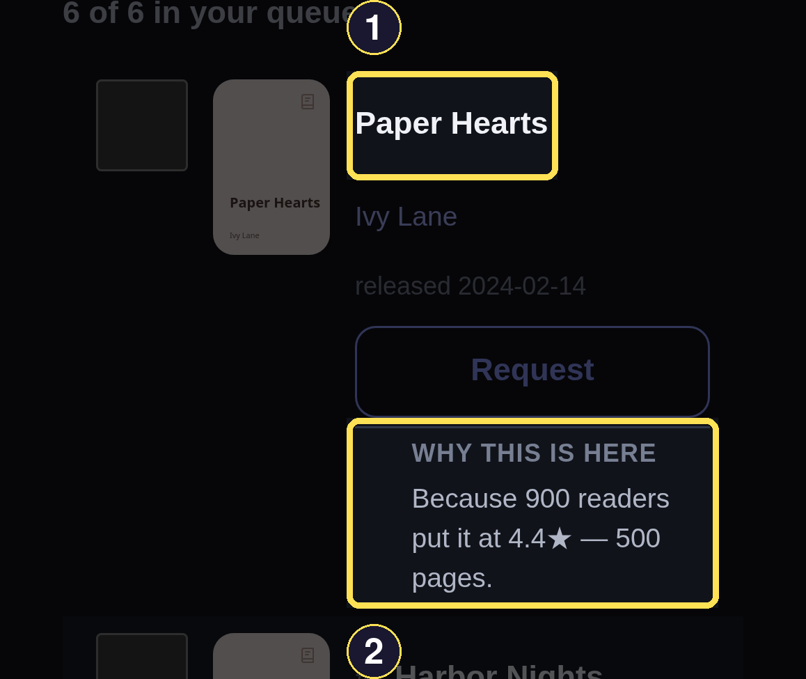 A dark phone Discover row for Paper Hearts showing its title and the plain-language reason sentence beneath it.
