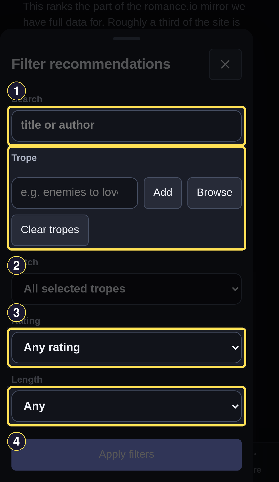 A dark phone Discover Filters sheet showing the Search field, Trope picker, Rating select, and Length select.