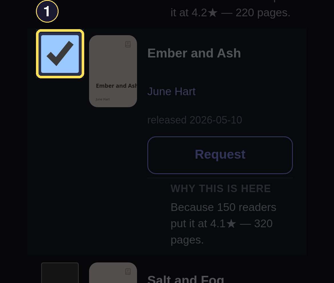 A dark phone Discover row for Ember and Ash with its dismiss checkbox ticked.
