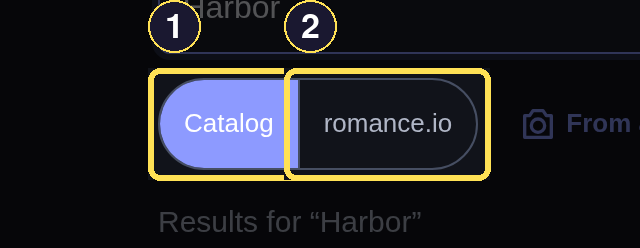 The Search page's Catalog and romance.io scope links, with Catalog active.