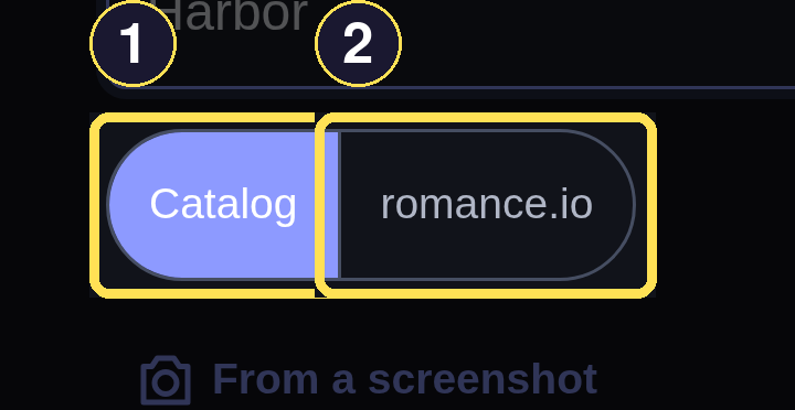 The phone Search page's Catalog and romance.io scope links, with Catalog active.