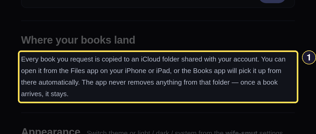 The Profile page's Where your books land explanation for the shared iCloud folder.