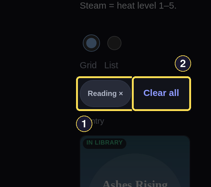 The Library's applied-filter chip strip after narrowing to Currently Reading.
