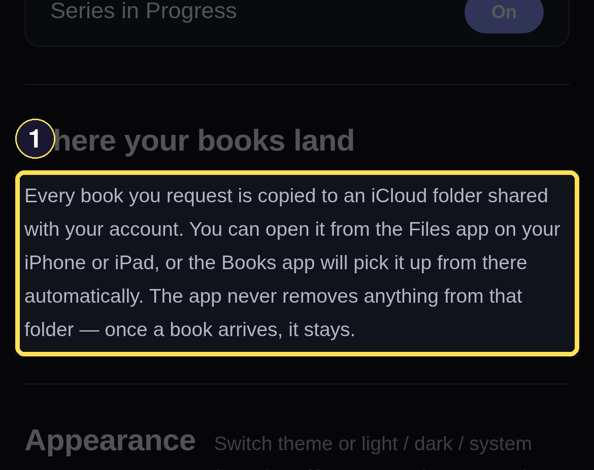 The phone Profile page's Where your books land explanation for the shared iCloud folder.