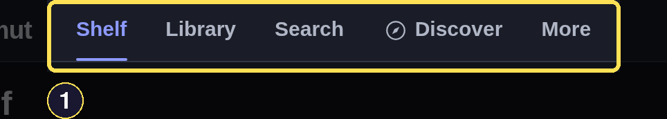 The dark desktop header nav — Shelf, Library, Search, Discover, More — across the top.