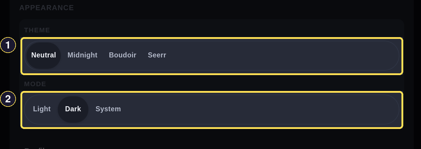 The dark desktop More sheet scrolled to its Appearance group, Theme and Mode controls.