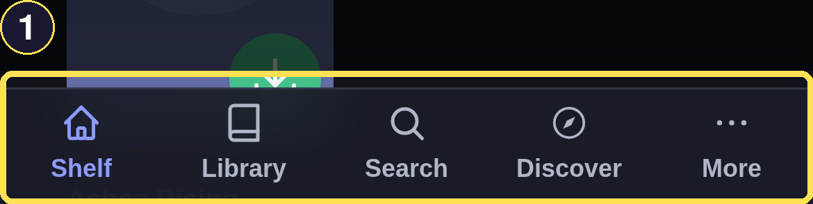 The dark phone bottom tab bar — Shelf, Library, Search, Discover, More — across the bottom.