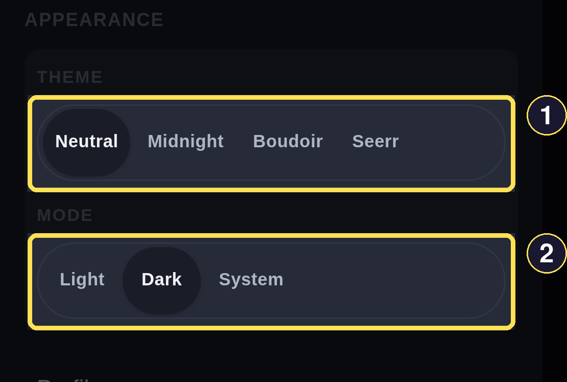 The dark phone More sheet scrolled to its Appearance group, Theme and Mode controls.