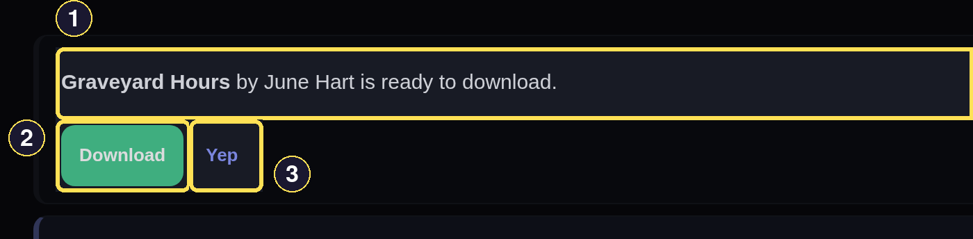 A dark desktop notification row for a ready Book, showing its message, Checkout action, read toggle, and timestamp.