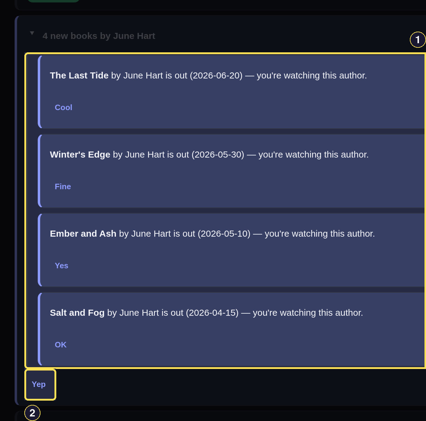 A dark desktop notification digest expanded to show its four individual new-release rows.