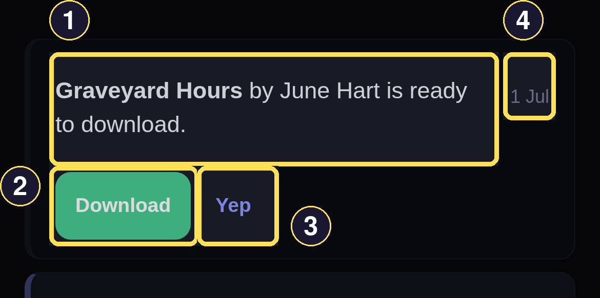 A dark phone notification row for a ready Book, showing its message, Checkout action, read toggle, and timestamp.