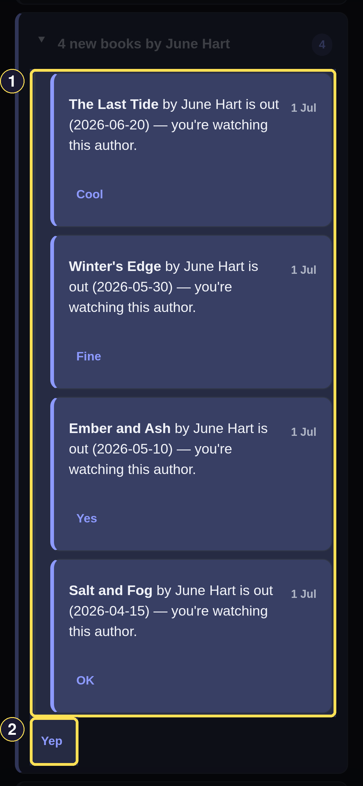 A dark phone notification digest expanded to show its four individual new-release rows.