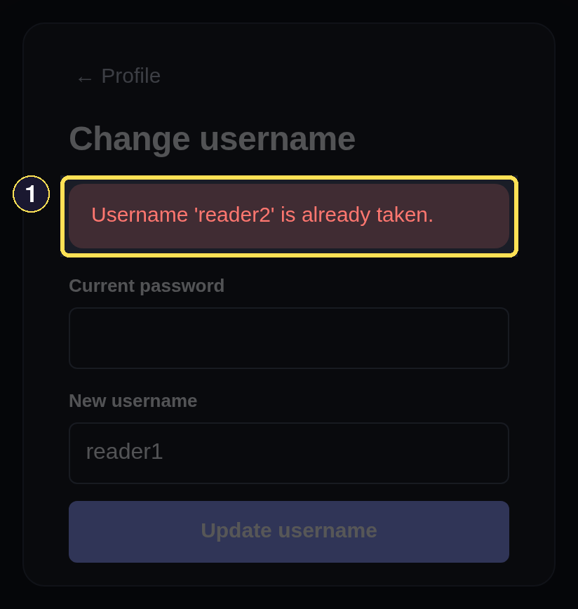 The Change username form re-rendered with an already-taken-username error.