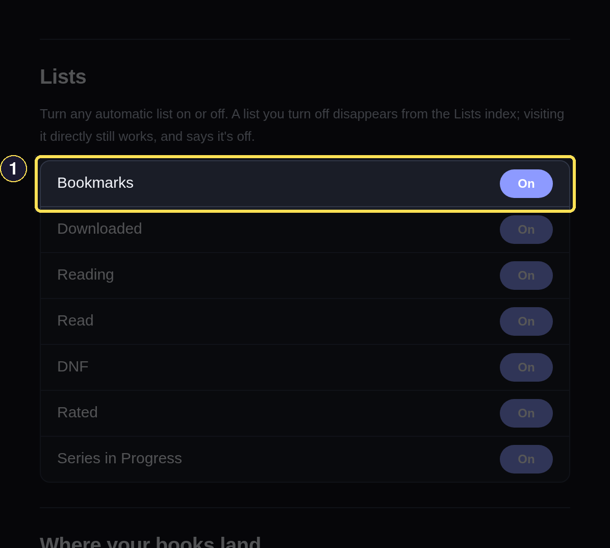 The Lists preferences block on your Profile page, with one checkbox per automatic Shelf.