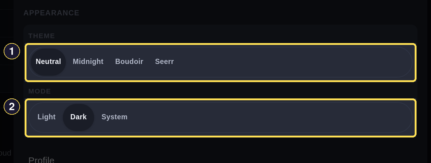 The More sheet's Appearance section, showing the Theme and Mode button groups.