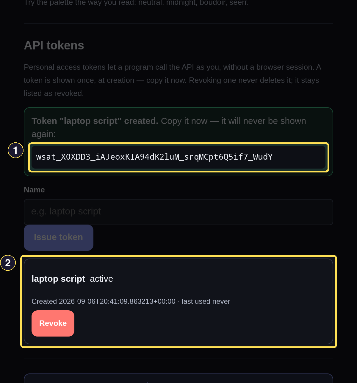 The API tokens section after issuing a new token, showing its one-time secret and its entry in the token list.
