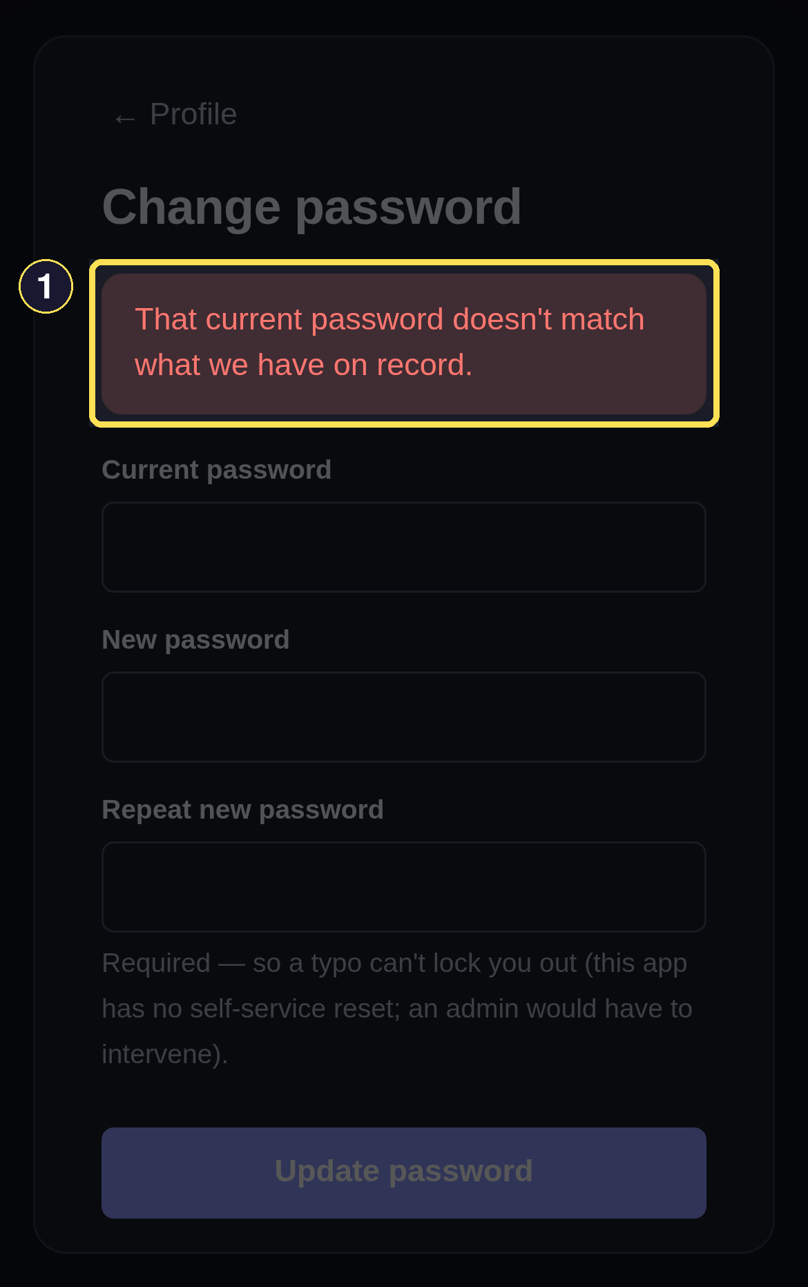 The Change password form re-rendered with a wrong-current-password error.