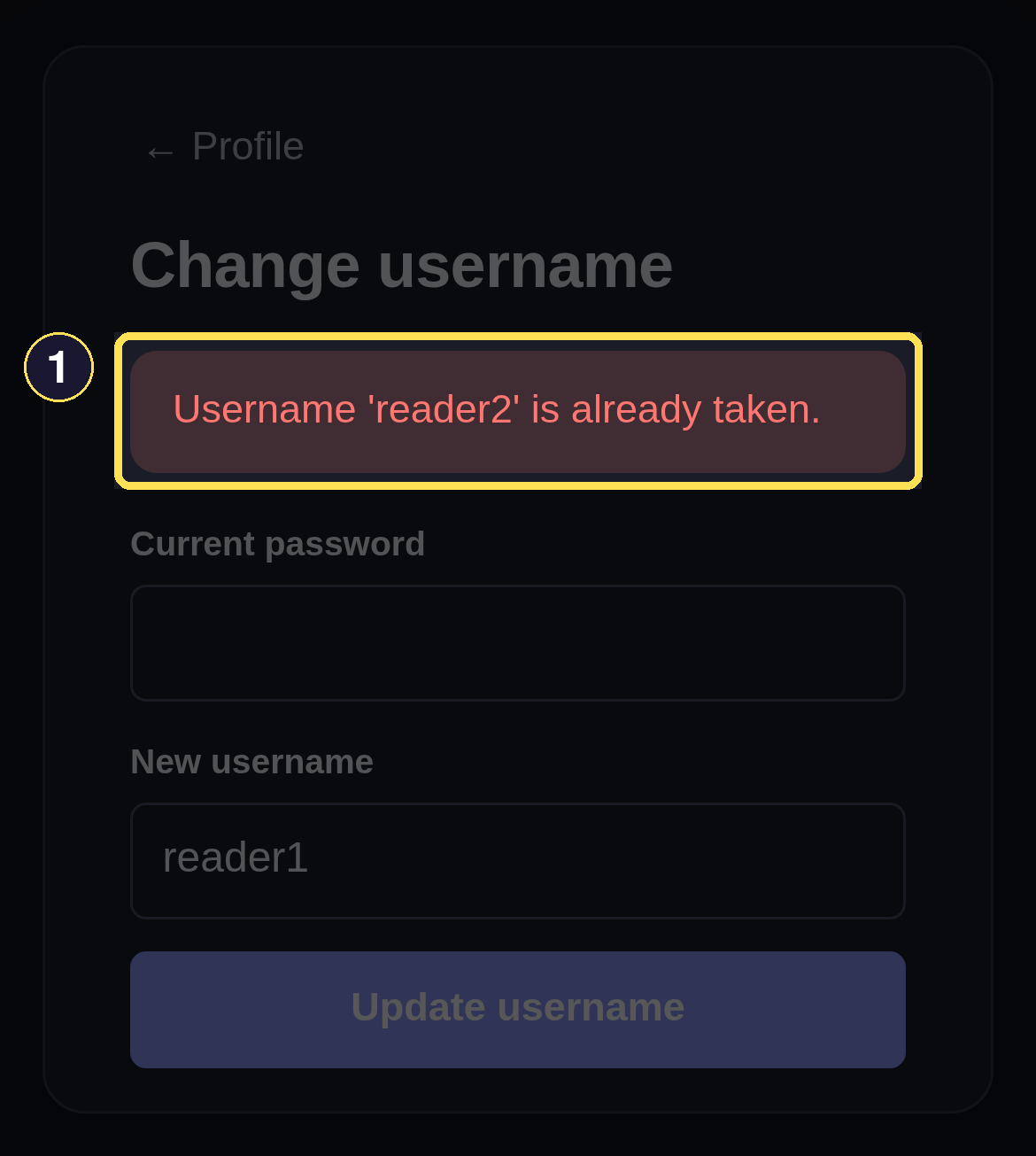 The Change username form re-rendered with an already-taken-username error.