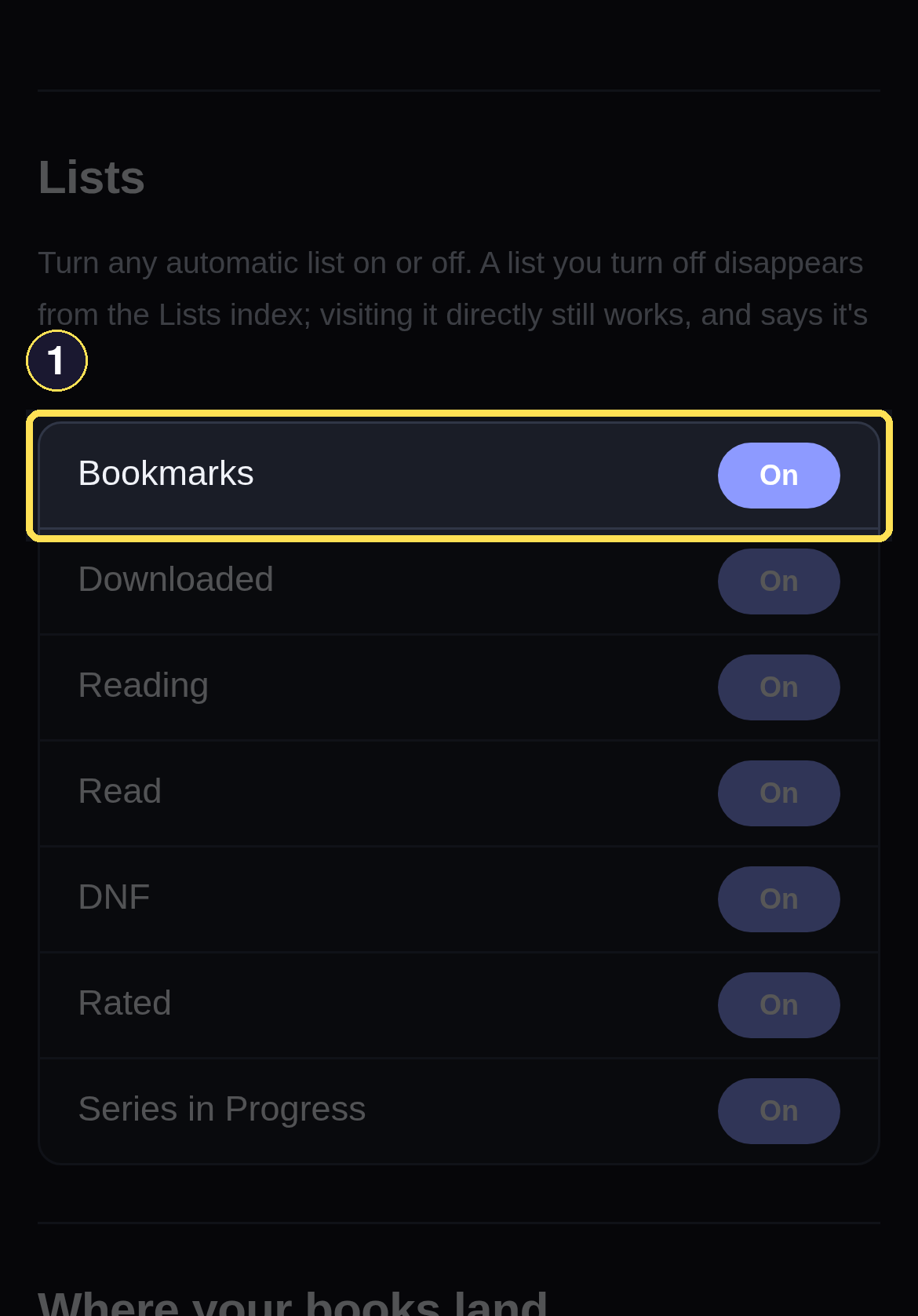 The Lists preferences block on your Profile page, with one checkbox per automatic Shelf.