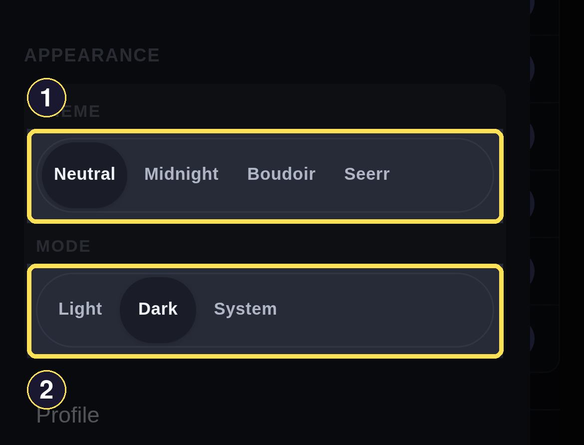 The More sheet's Appearance section, showing the Theme and Mode button groups.