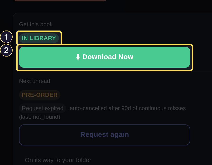 An owned Book's action bar, showing the In Library badge and its ready-to-check-out control.