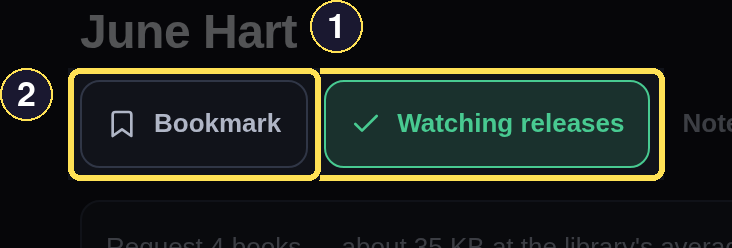 An Author page's Watch and Bookmark controls, with Watch releases already active.