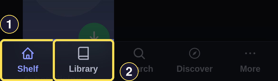 The phone bottom tab bar, with the Shelf and Library destinations labelled.