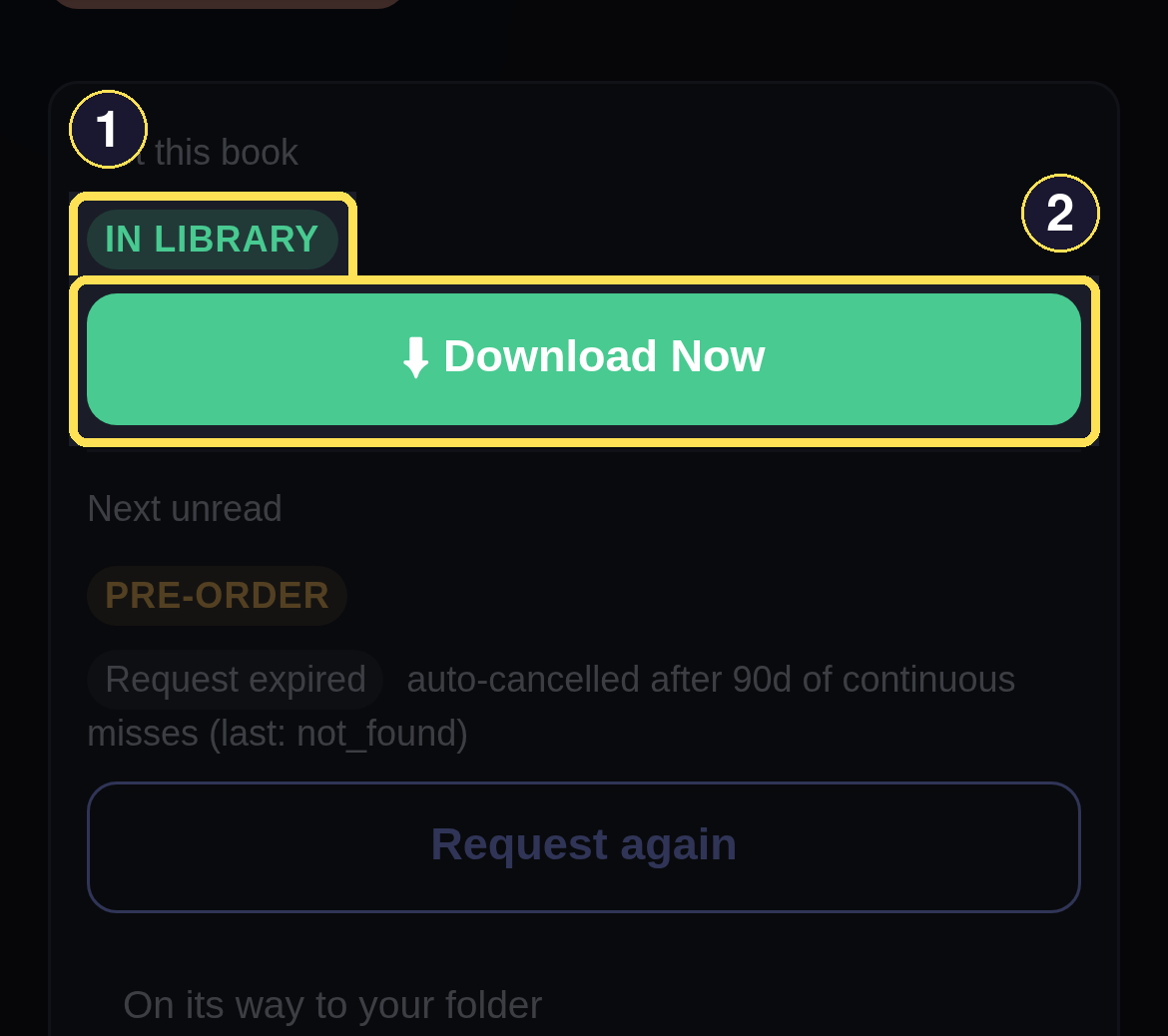 An owned Book's action bar, showing the In Library badge and its ready-to-check-out control.