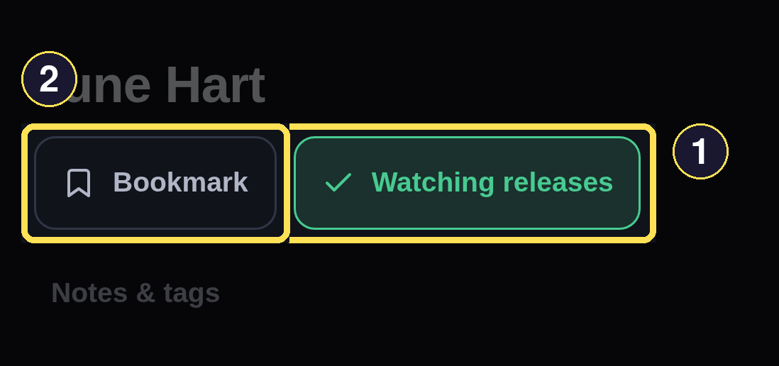 An Author page's Watch and Bookmark controls, with Watch releases already active.