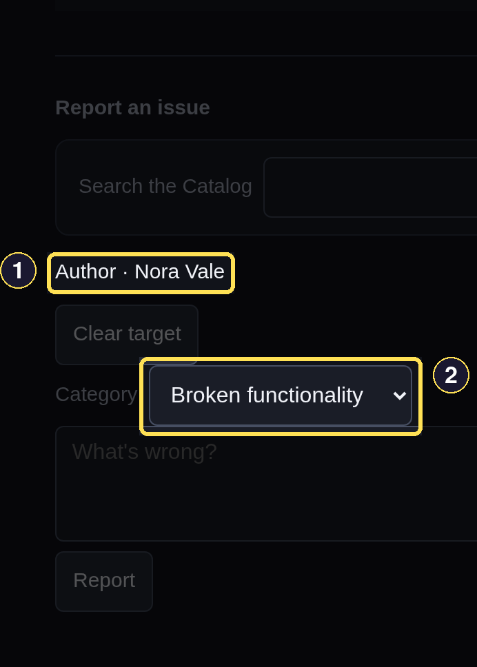 An open Report an issue form on an Author page, already naming that Author as its target.