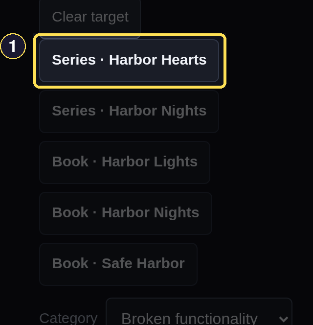 Catalog search results for a title search inside the Report an issue target picker.