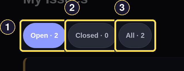 The Open, Closed, and All filter chips at the top of My Issues, each showing its own count.