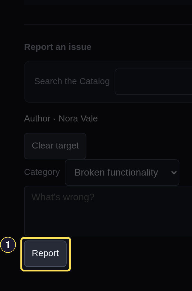 The bottom of the open Report an issue form, scrolled to the Report button.