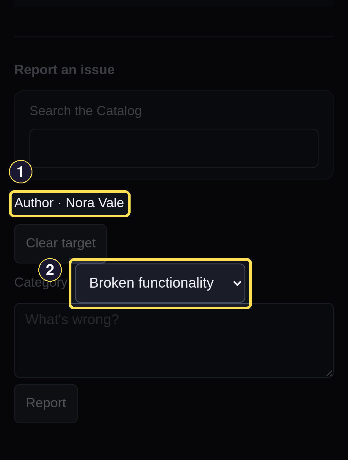 An open Report an issue form on an Author page, already naming that Author as its target.