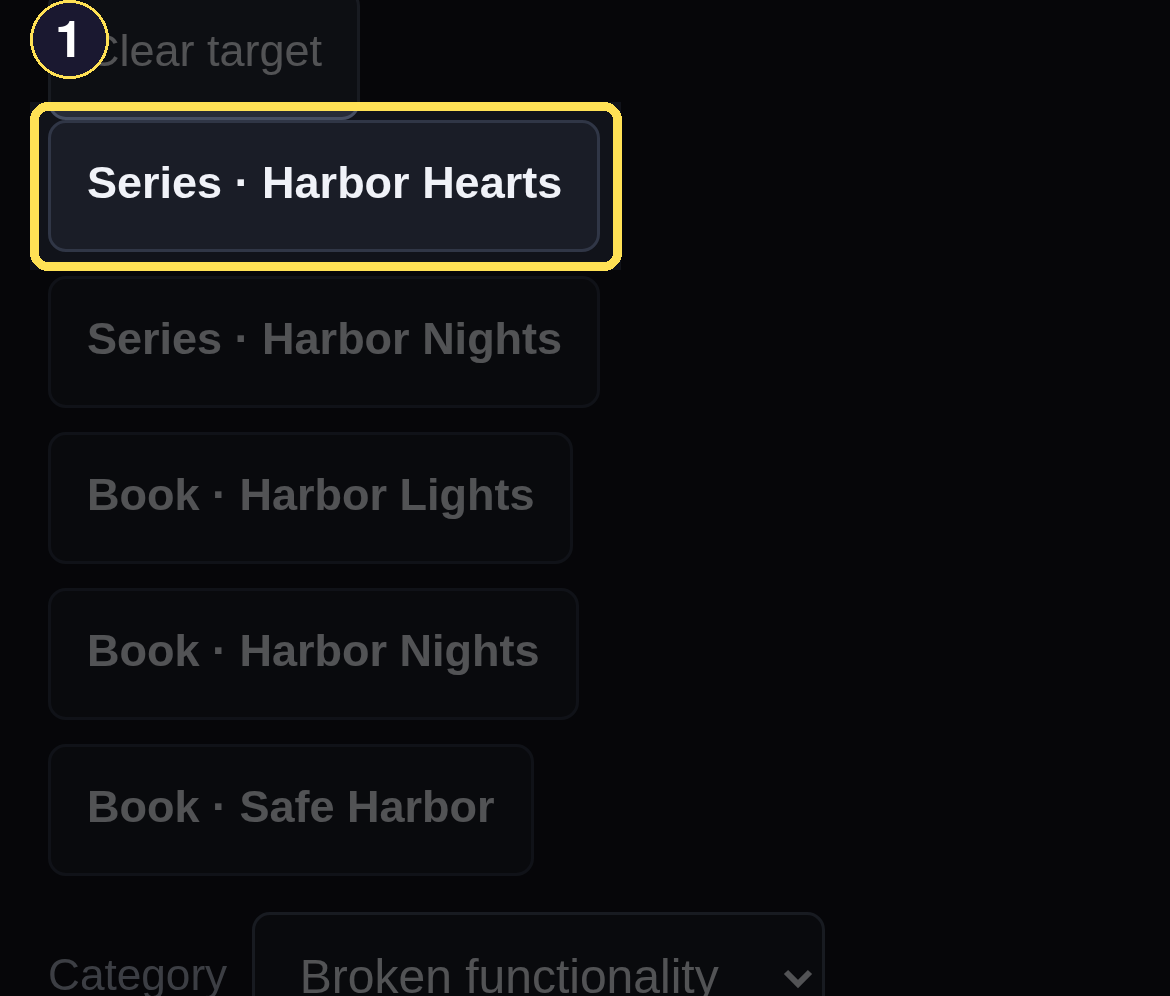 Catalog search results for a title search inside the Report an issue target picker.