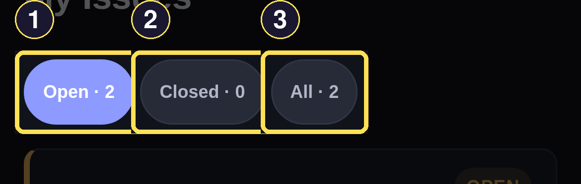 The Open, Closed, and All filter chips at the top of My Issues, each showing its own count.
