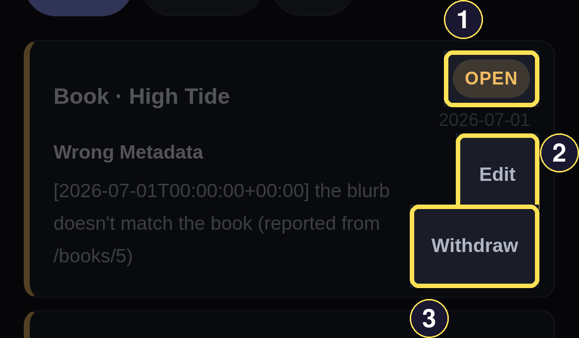 Your own open report on My Issues, with its Edit and Withdraw controls.