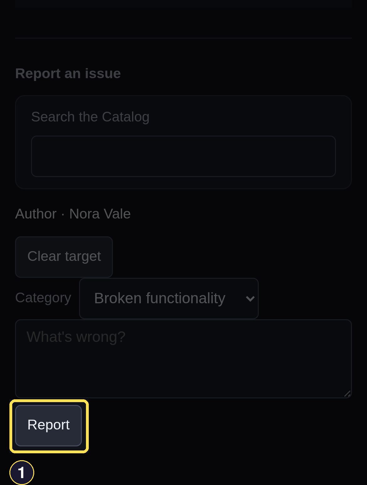 The bottom of the open Report an issue form, scrolled to the Report button.