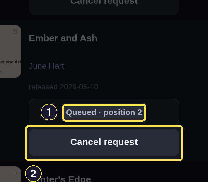 Two Standalone rows on June Hart's author page: one freshly queued, the other showing a queue position and Cancel request.