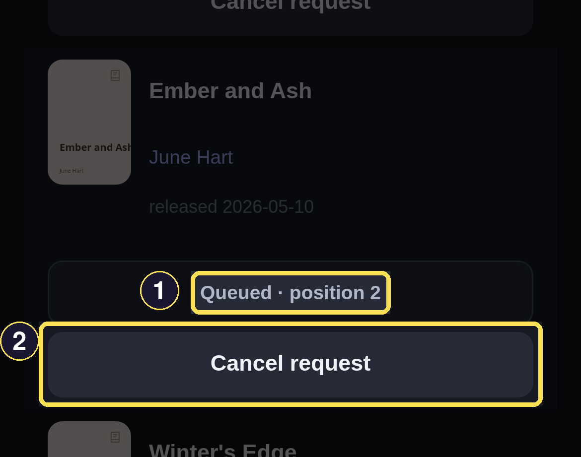 Two phone Standalone rows on June Hart's author page: one freshly queued, the other showing a queue position and Cancel request.