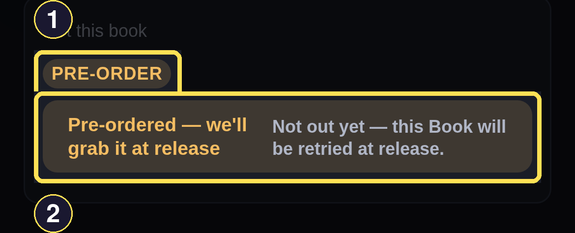The phone Ember Eternal Book page showing its Pre-order flag and pre-ordered status.