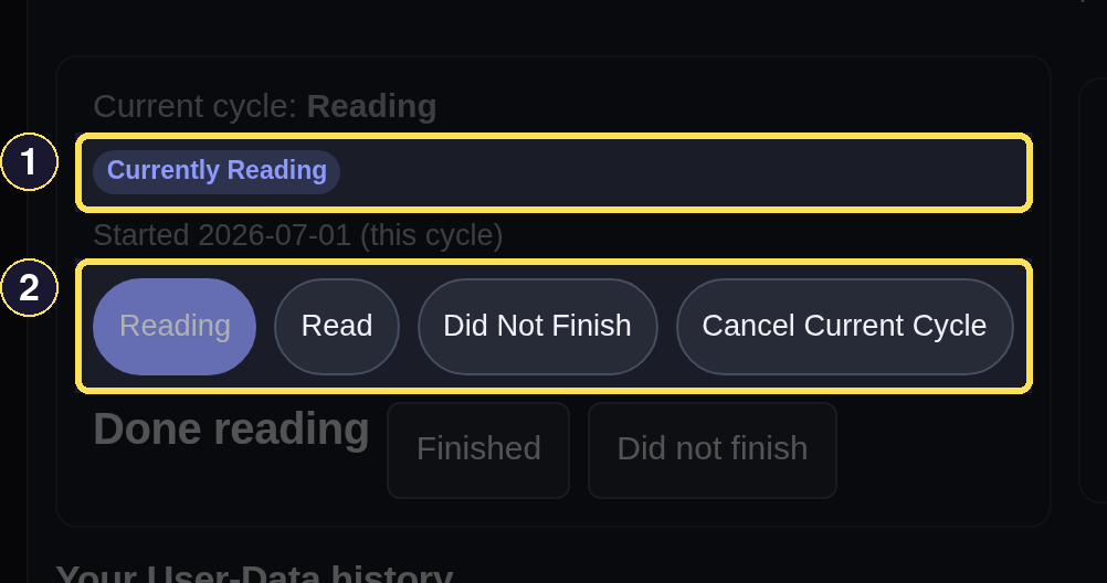 A dark desktop reading-status card for Ashes Rising, set to Currently Reading, with its cycle picker and Cancel control.