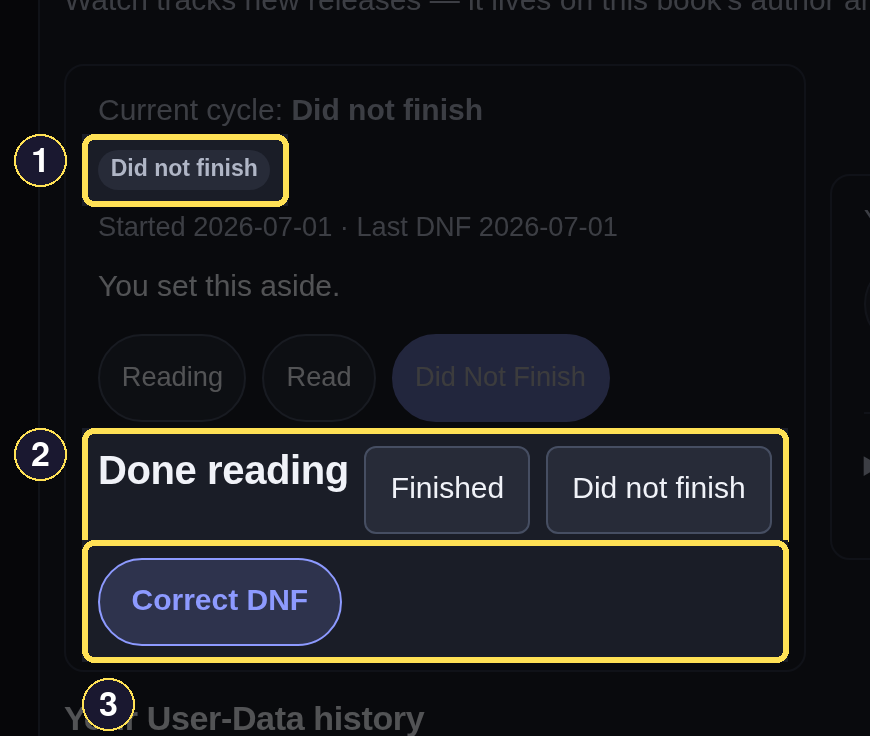 A dark desktop reading-status card for Safe Harbor showing its Did not finish badge, Done reading section, and Correct DNF control.