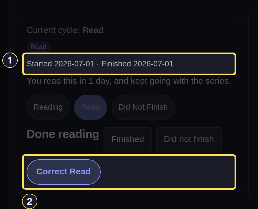 A dark desktop reading-status card for The First Spark showing its started and finished dates alongside the Correct Read control.