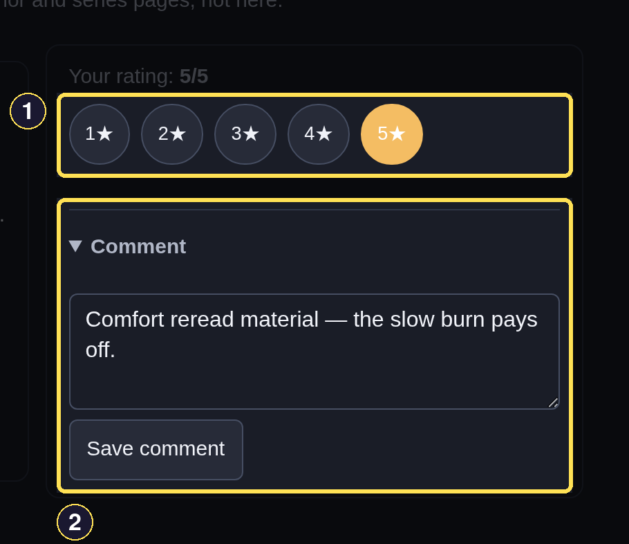 A dark desktop book-rating card for The First Spark showing a 5-star rating and an expanded, saved comment.