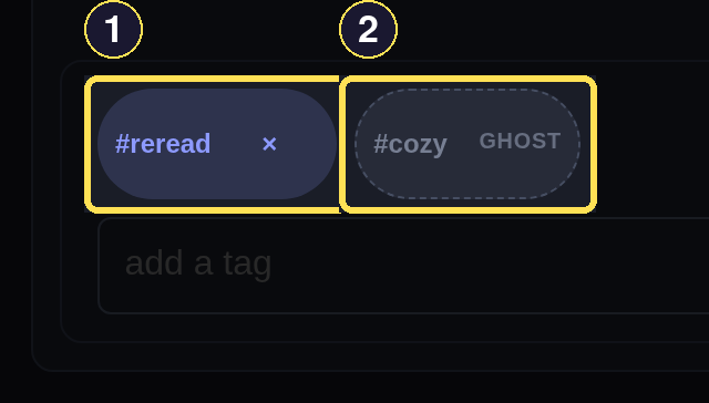 A dark desktop tags block for Safe Harbor showing an own tag with its remove button next to a ghost tag inherited from its Series.